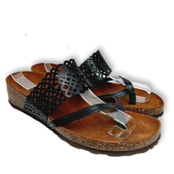 SONIA C. Italy Cork Low Wedge Heel Sandal Thong Sandal Black Geo Circle Sz 8 - Picture 1 of 12